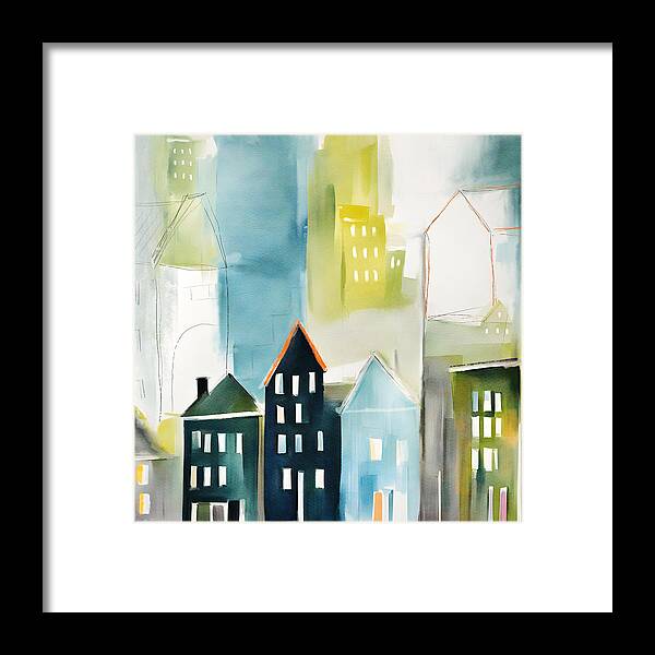 City Framed Print featuring the mixed media Row Houses- Art by Linda Woods by Linda Woods
