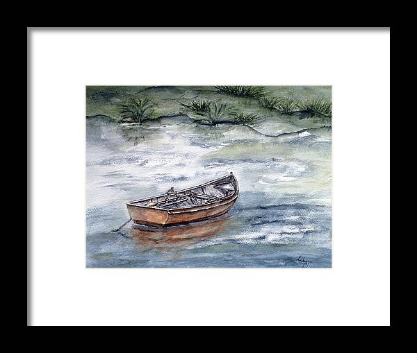 Boat Framed Print featuring the painting Rowboat's Reflection by Kelly Mills
