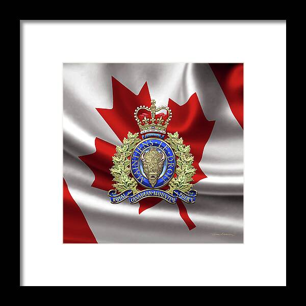'insignia & Heraldry' Collection By Serge Averbukh Framed Print featuring the digital art Royal Canadian Mounted Police - R C M P Badge over Canadian Flag by Serge Averbukh