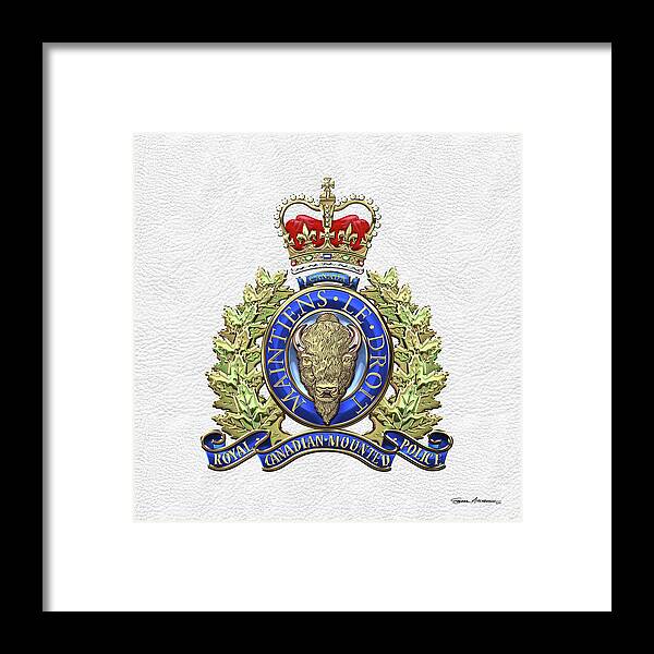 'insignia & Heraldry' Collection By Serge Averbukh Framed Print featuring the digital art Royal Canadian Mounted Police - R C M P Badge over White Leather by Serge Averbukh