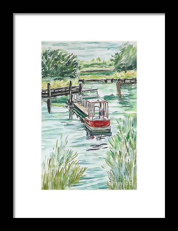 Royal Canal Framed Print featuring the painting Royal Canal Painting royal canal river boat water canal ireland weir maynooth landscape lock locks barge birch boat bushes canes clouds coast distances drawing drawn landscape oil oil on canvas oil by N Akkash