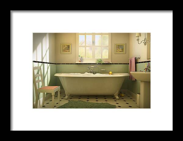 Rubber Duck Framed Print featuring the photograph Rubber duck floating in bubble bath by Chris Clor