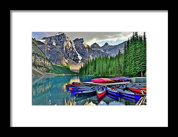 Lake Framed Print featuring the photograph Rugged Banff Lake Moraine Terrain by Frozen in Time Fine Art Photography