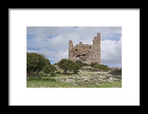 Scenics Framed Print featuring the photograph Ruins of the abandoned Dothia tower near Emporios village on Greek Island of Chios in springtime by Silkfactory