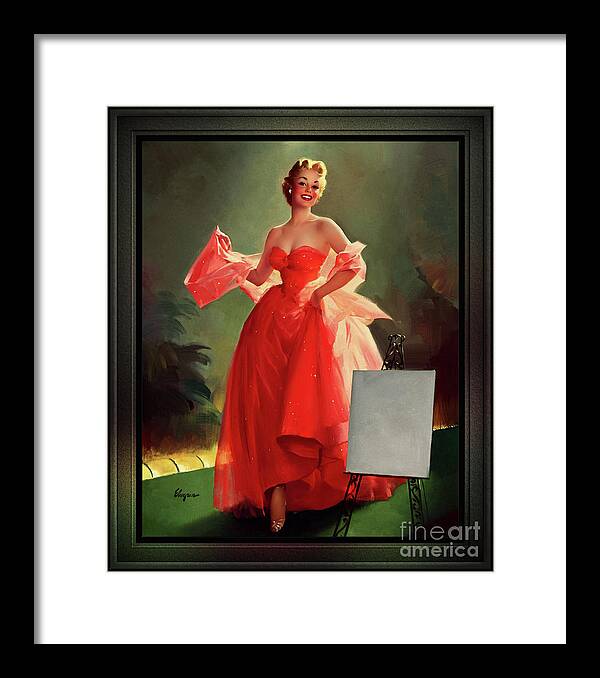Runway Model Framed Print featuring the painting Runway Model In A Pink Dress by Gil Elvgren Pin-up Girl Wall Decor Artwork by Rolando Burbon