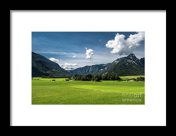 Austria Framed Print featuring the photograph Rural Landscape With Houses In Front Of Mountain Dachstein In The Alps Of Austria by Andreas Berthold