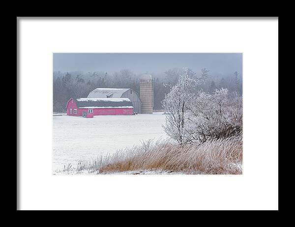 #winter #landscape #photograph #fine Art #door County #wisconsin #midwest #wall Décor #wall Art #hiking #walking #long Exposure #focus Stacking #hdr Photography #adventure #outside #environment #outdoor Lover #snow #ice #cold #snowshoeing # Cross Country Skiing #hoar Frost #rim Ice #door County #barn #red Barn #old Barn #farm Field #winmill #fog #foggy #abandoned #orchard #trees #red #white #blue  Framed Print featuring the photograph Rural Rim Ice by David Heilman