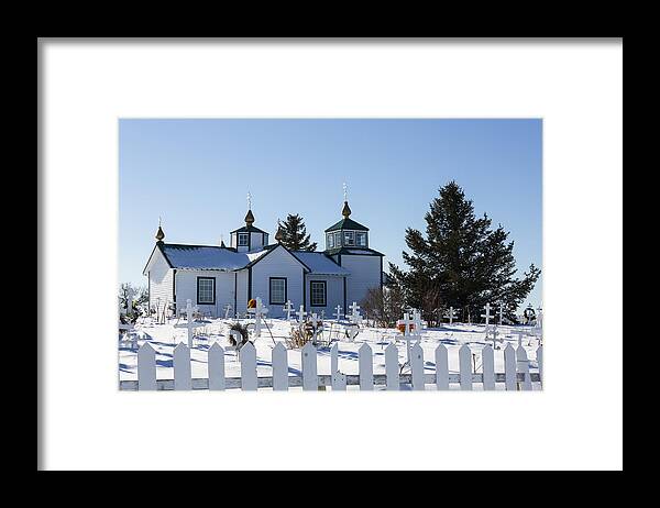 Snow Framed Print featuring the photograph Russian Orthodox Church, Ninilchik, Alaska. Holy Transfiguration of Our Lord Chapel. by Louise Heusinkveld
