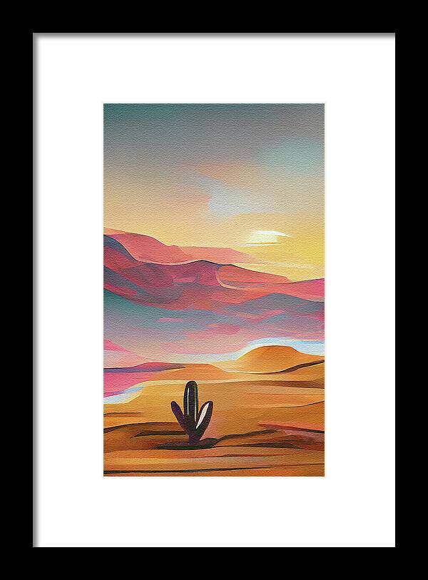 Saguaro Cactus Framed Print featuring the digital art Saguaro In The Desert Abstract by Deborah League