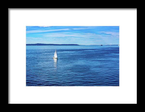 Sailboat Framed Print featuring the digital art Sailboat in Puget Sound by SnapHappy Photos