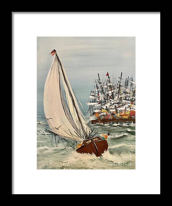 Miroslaw Chelchowski Acrylic Painting Print Sailing Boat Ocean Marina Boats Waves Seagull Sailors Wind Blue Sky Seascape Flag Colors Water Framed Print featuring the painting Sailing Boat by Miroslaw Chelchowski