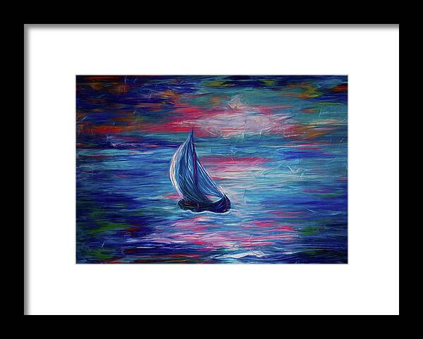 Olena Art Framed Print featuring the painting Sailing Boat Sunrise by OLena Art by Lena Owens - Vibrant DESIGN