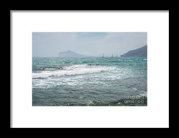 Mediterranean Coast Framed Print featuring the photograph Waves and sailboats on the Mediterranean coast by Adriana Mueller