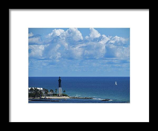 Ocean Framed Print featuring the photograph Sailing Past the Hillsboro Inlet Lighthouse in Florida by Corinne Carroll
