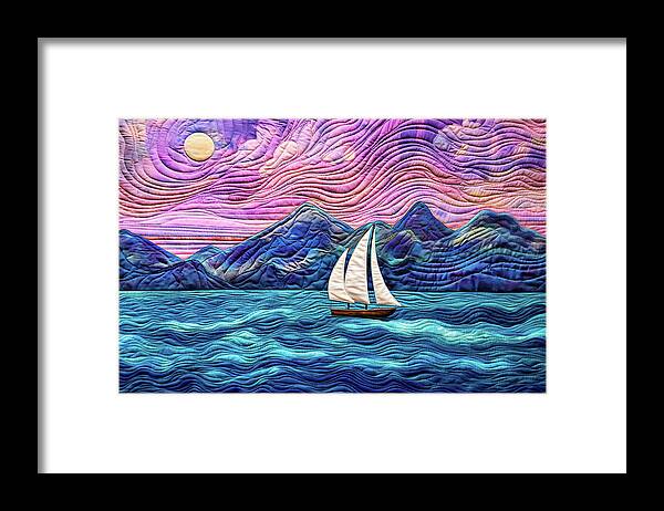 Sailing Framed Print featuring the digital art Sailing the Ocean Blue - Quilted Effect by Peggy Collins