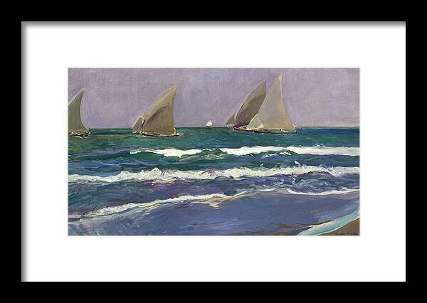 Three Framed Print featuring the painting Sails in the sea by Joaquin Sorolla