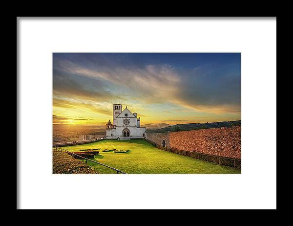 Assisi Framed Print featuring the photograph Saint Francis of Assisi Basilica church at sunset. Umbria, Italy. by Stefano Orazzini