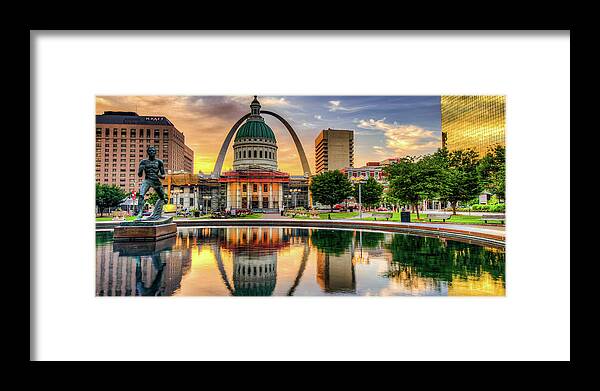America Framed Print featuring the photograph Saint Louis Gateway Arch and Courthouse Sunrise Panorama by Gregory Ballos