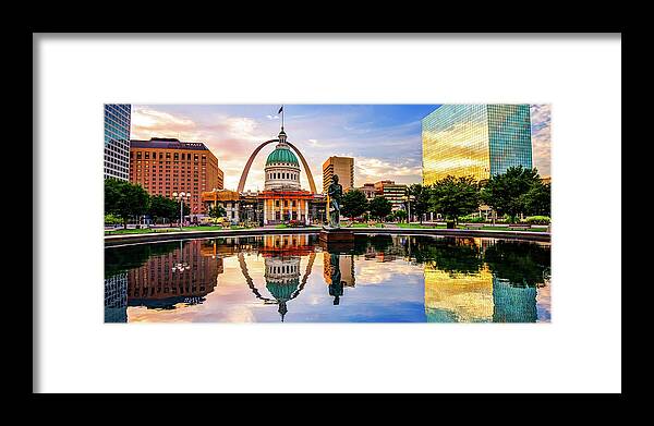 Saint Louis Panorama Framed Print featuring the photograph Saint Louis Missouri Old Courthouse and Arch Panoramic Reflections by Gregory Ballos