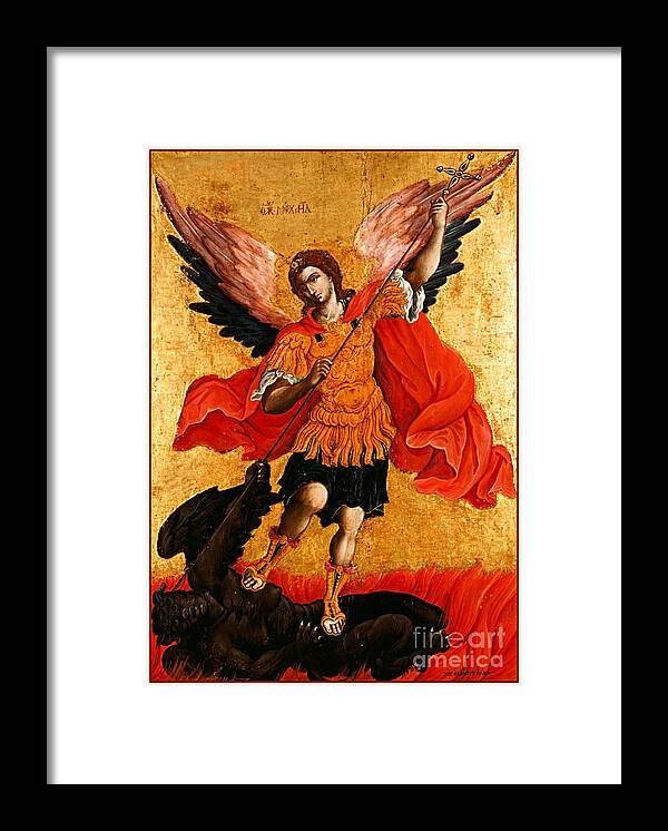 Poulakis Theodoros Framed Print featuring the painting Saint Michael and the Devil The Archangel Michael by Peter Ogden