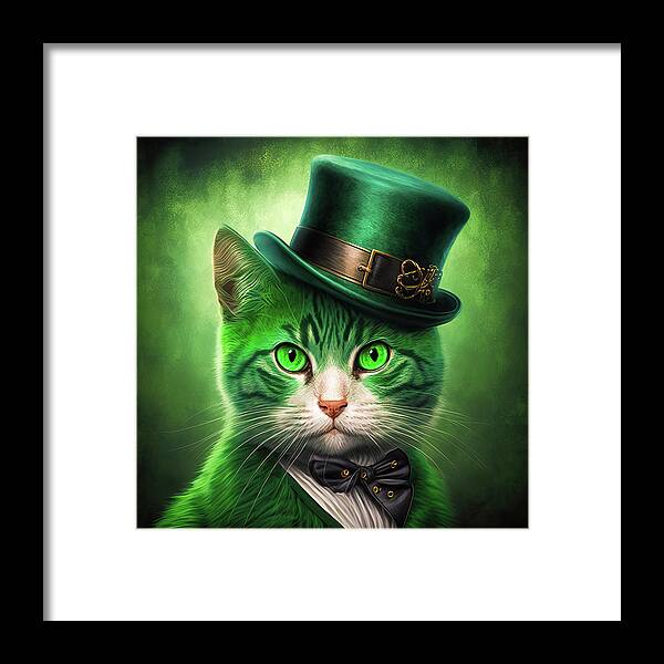 Cat Framed Print featuring the digital art Saint Patricks Day Cat 01 by Matthias Hauser