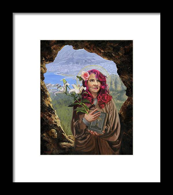 Saint Rosalie Patron Saint Of Palermo Sicily Oil Painting Art Gold Halo Heaven Bible Lilly Lillies Purple Hair Cave St Bones Skull Framed Print featuring the painting Saint Rosalie by Cecilia Brendel