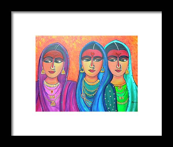 Ladies Framed Print featuring the painting Sakhi-Friends Forever Figure Painting On Canvas by Manjiri Kanvinde