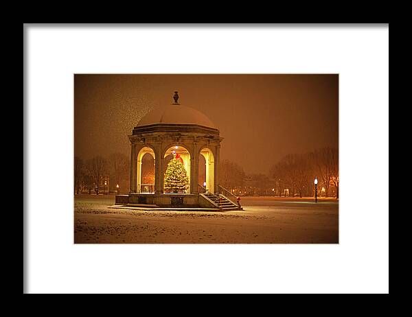 Salem Framed Print featuring the photograph Salem Common Bandstand Christmas Tree in Snow by Toby McGuire