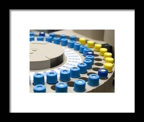 Medical Research Framed Print featuring the photograph Sample Phials on a Gas Chromatograph Autosampler by Gannet77