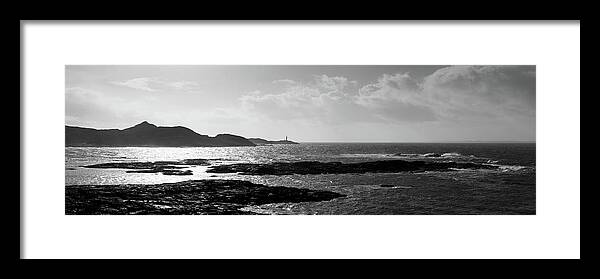 Panorama Framed Print featuring the photograph Sanna Bay Beach Ardnamurchan peninsula lighthouse isle of Rum sc by Sonny Ryse