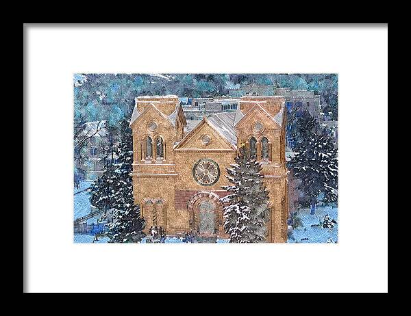 Church Framed Print featuring the digital art Santa Fe Cathedral in Snow by Aerial Santa Fe