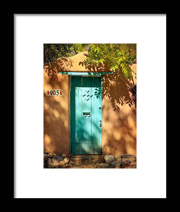 Architecture Framed Print featuring the photograph Santa Fe Turquoise Door by Mary Lee Dereske