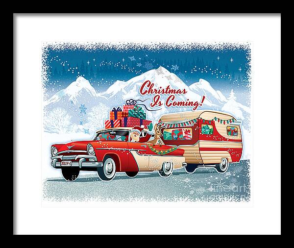 Mid-century Christmas Framed Print featuring the digital art Santa's Vintage Camper Christmas Wall Art by Diane Dempsey