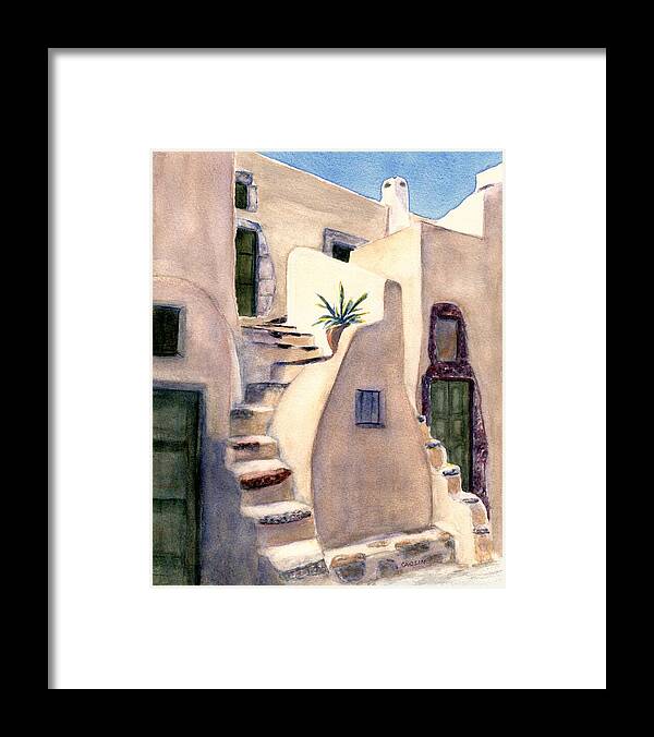 Santorini Greece Framed Print featuring the painting Santorini Emporio Village Steps by Carlin Blahnik CarlinArtWatercolor