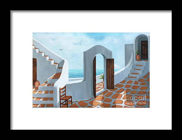 Santorini Framed Print featuring the painting SANTORINI VIEW - Original Oil Painting and Prints by Mary Grden