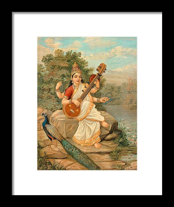 Saraswati Framed Print featuring the painting Saraswati Goddess of Wisdom by Ravi Varma