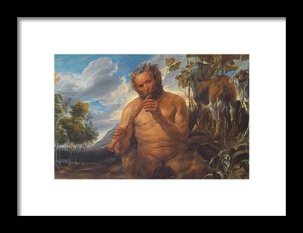 Jacob Jordaens Framed Print featuring the painting Satyr Playing the Pipe -Jupiter's Childhood- -fragment-. Oil on canvas, dated ca.-1639. PAN DIOS. by Jacob Jordaens
