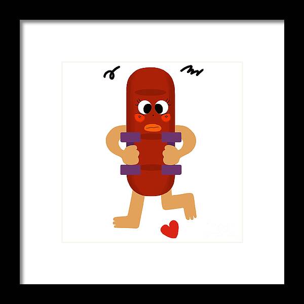 Sausage Framed Print featuring the drawing Sausages love dumbbell movement by Min Fen Zhu