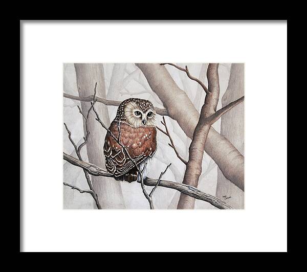 Sawhet Owl Framed Print featuring the painting Sawhet Owl Observer by Renee Forth-Fukumoto