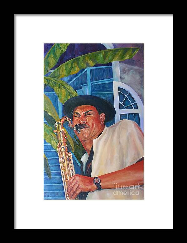 Musicians Framed Print featuring the painting Sax in the Courtyard by Beverly Boulet