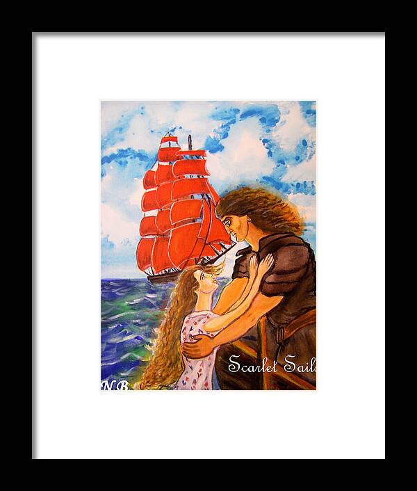 Love Story He And She Red Sails Scarlet Sails Sea Ship Girl And Guy Man And Woman Grey And Assol Framed Print featuring the painting Scarlet Sails by Nadia Birru