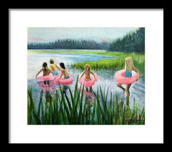 Pink Floaties Framed Print featuring the painting Scoby Pond Birthday by Cyndie Katz