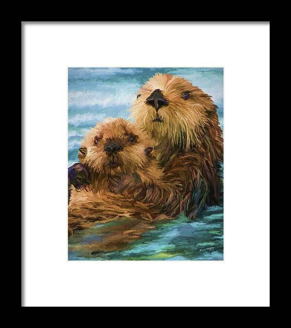 Animal Framed Print featuring the painting Sea Otter Mom and Pup by David Wagner
