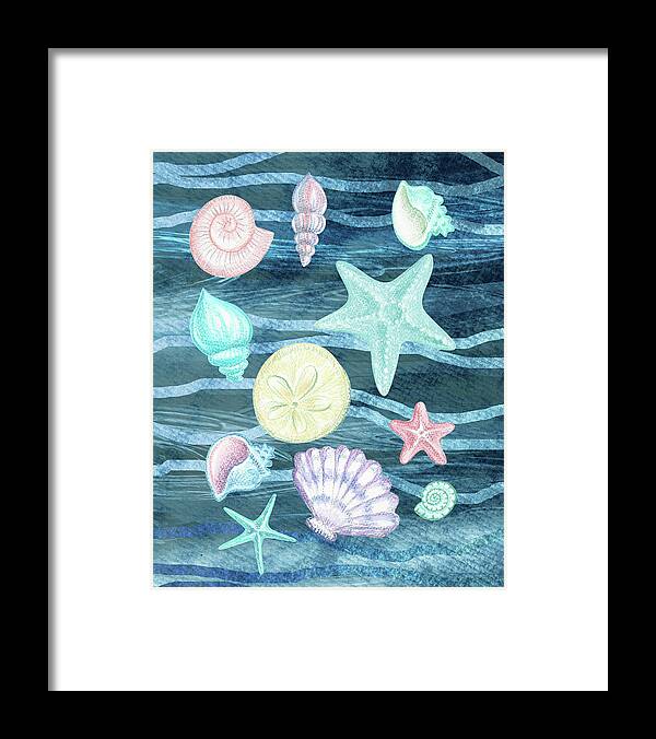 Beach Art Framed Print featuring the painting Sea Stars And Shells On Blue Waves Watercolor Beach Art Collection I by Irina Sztukowski