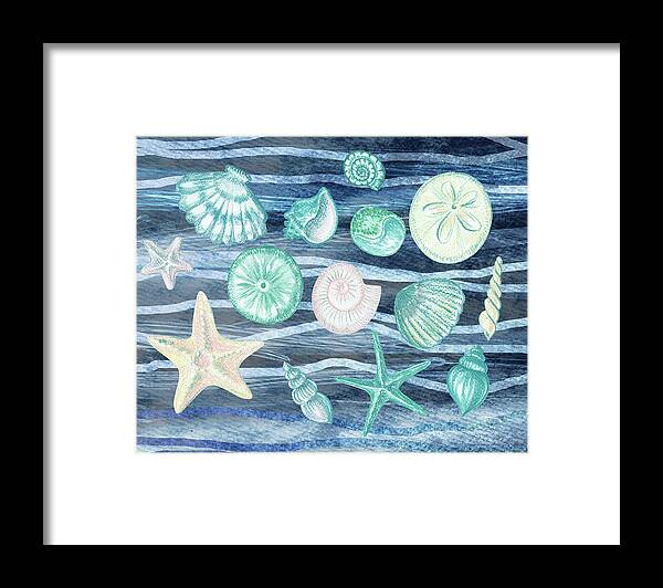 Beach Art Framed Print featuring the painting Sea Stars And Shells On Blue Waves Watercolor Beach Art Collection by Irina Sztukowski