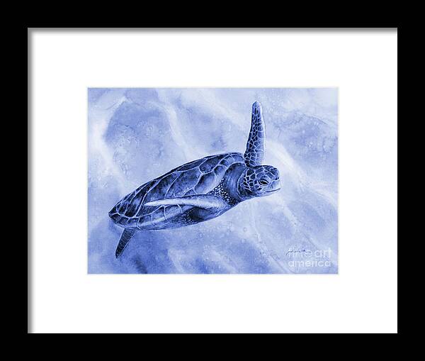 Mono Framed Print featuring the painting Sea Turtle 2 in Blue by Hailey E Herrera