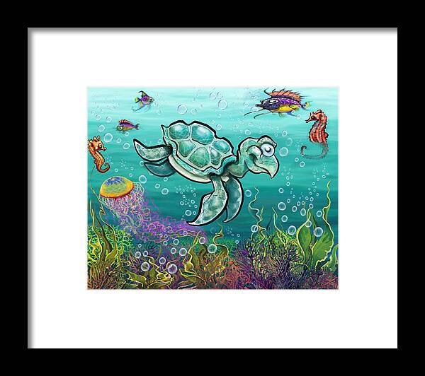 Sea Turtle Framed Print featuring the digital art Sea Turtle and Friends by Kevin Middleton