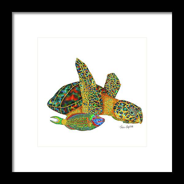  Framed Print featuring the painting Sea Turtle white background by Daniel Jean-Baptiste