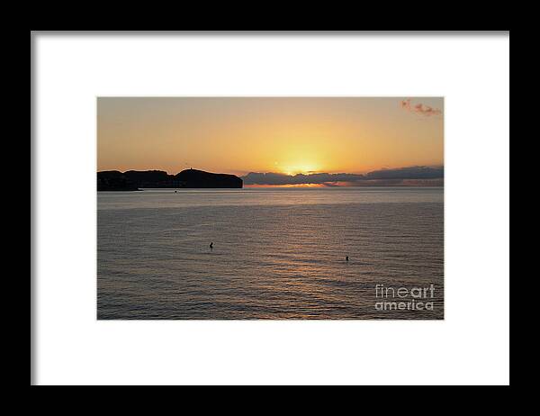 Mediterranean Sea Framed Print featuring the photograph Sea water and golden sky at sunrise, Mediterranean coast by Adriana Mueller