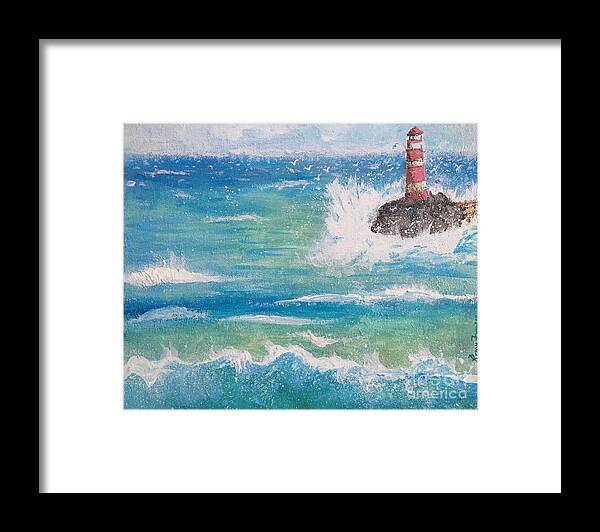 Lighthouse Framed Print featuring the painting Sea with Lighthouse by Remy Francis